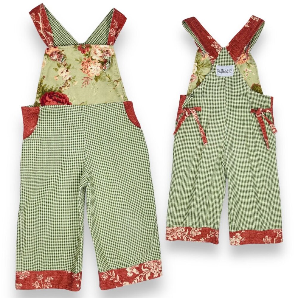 Vintage Boho Neutral Gingham Green Floral Cropped Overalls Romper Small / 5 - 6